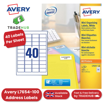 Avery L7654-100 Address Labels, 45.7 x 25.4 mm, Permanent, 40 Labels Per Sheet, 4000 Labels Per Pack