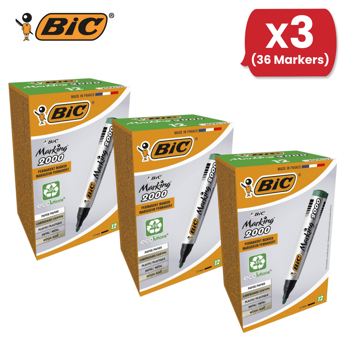BIC Marking 2000 Ecolutions Permanent Markers Green 1.7mm Bullet Tip Pack of 12