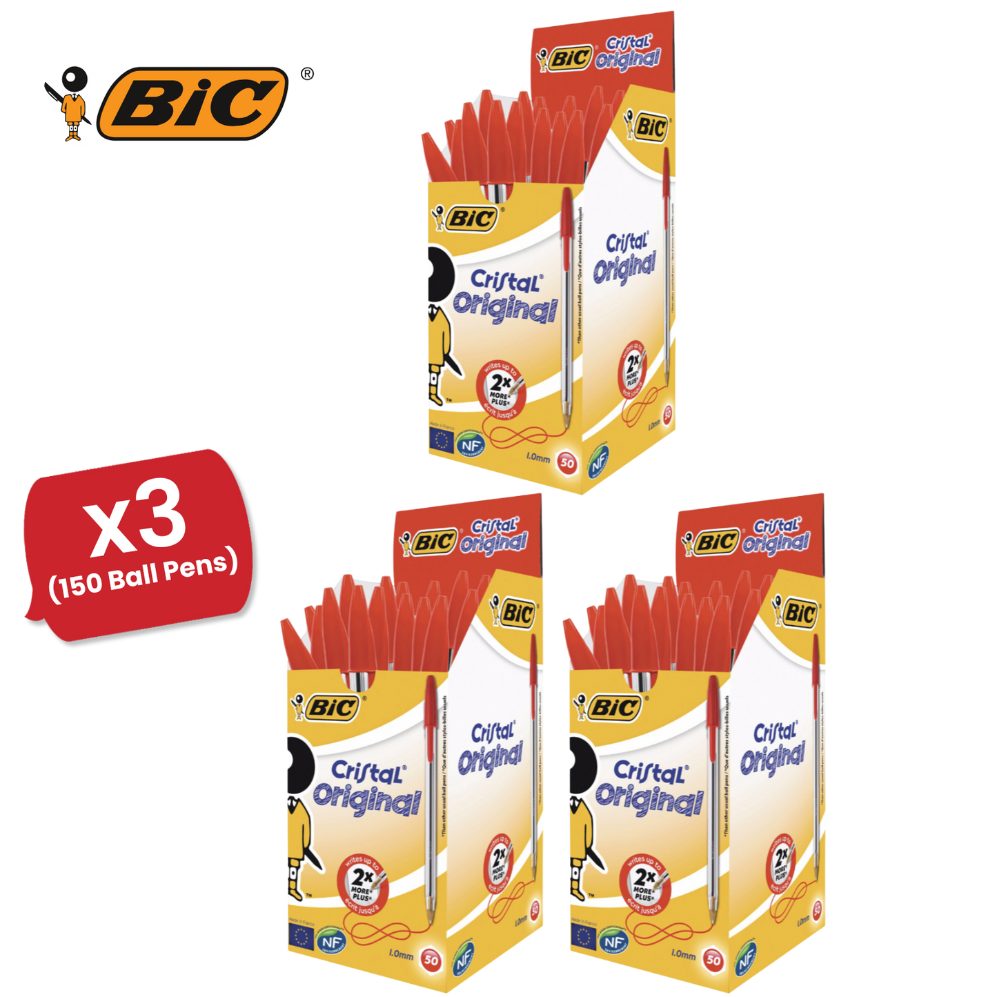BIC CRISTAL MEDIUM BALL POINT PEN RED - BOX OF 50 - 1 to 5 Packs
