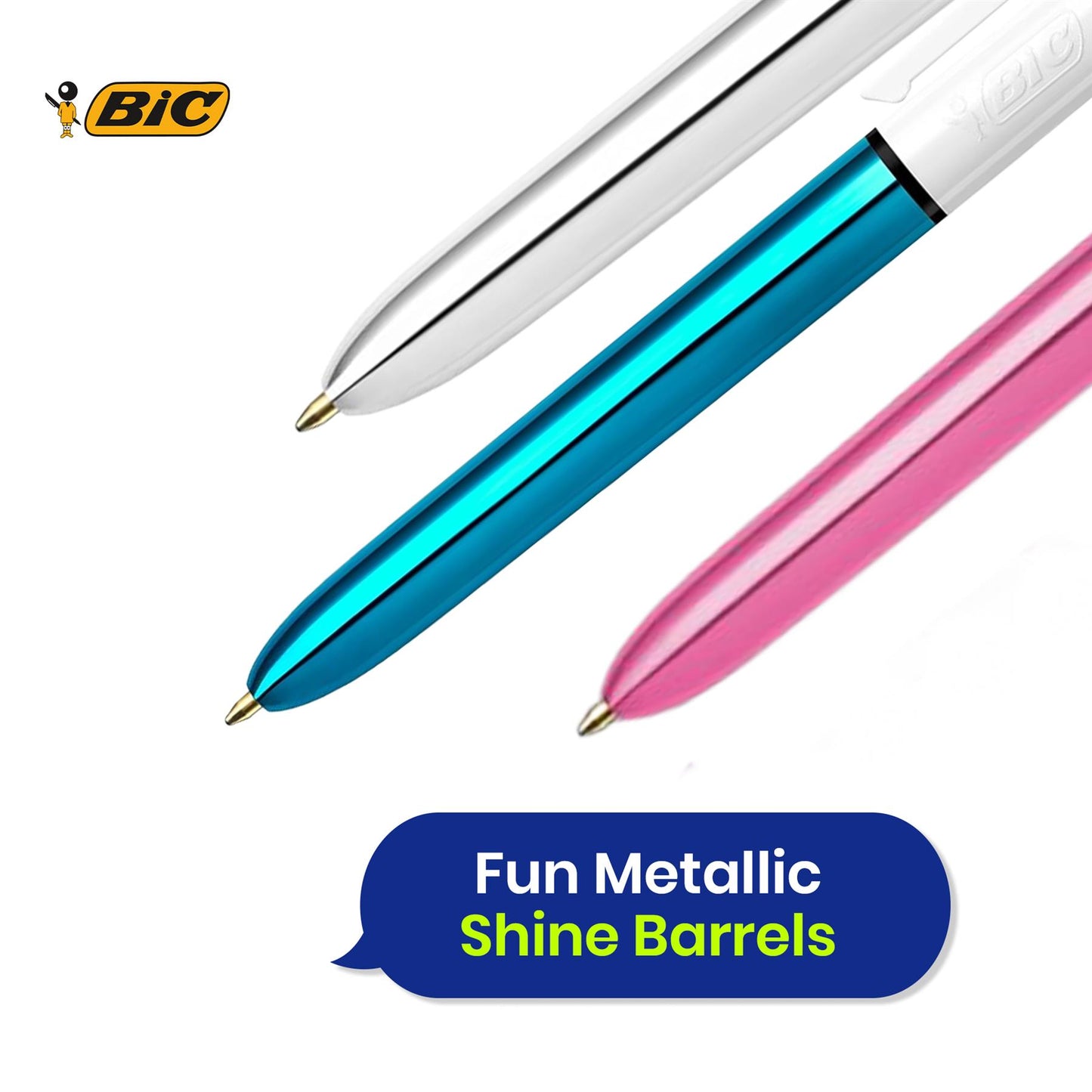 BIC 4 Colours Shine Ballpoint Pens Pack of 3 with Medium 1.0mm Tip and Multicolour Retractable Ink