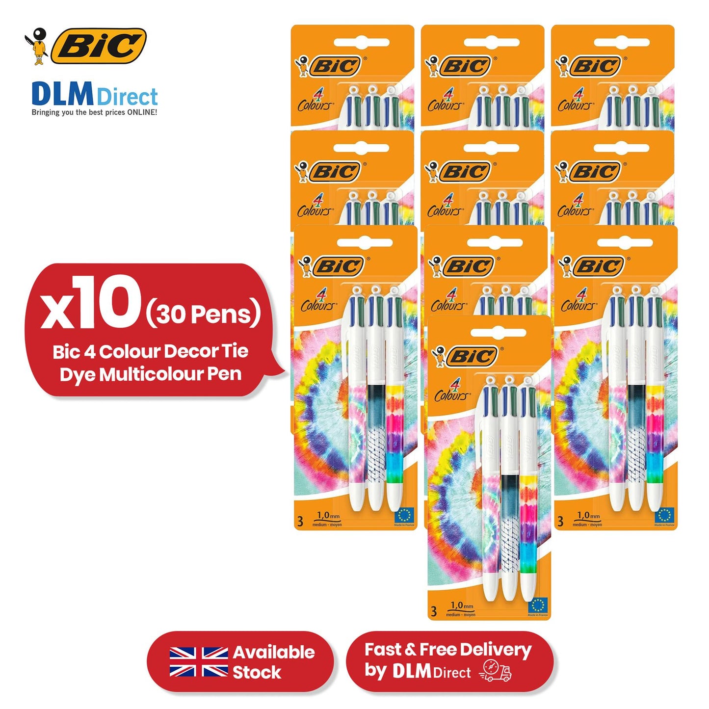BIC 4 Colour Tie Dye Ballpoint Pens - Retractable Coloured Ballpoint Pens for Projects