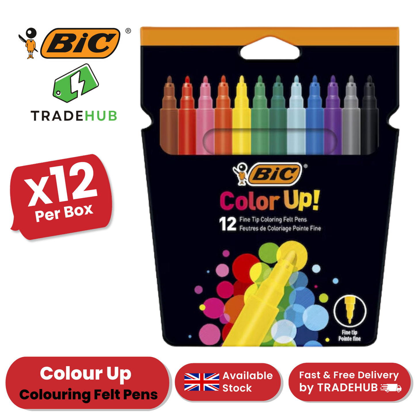 BIC Colour Up Colouring Felt Pens Assorted Colours - Pack of 12 - 1 to 5 Packs