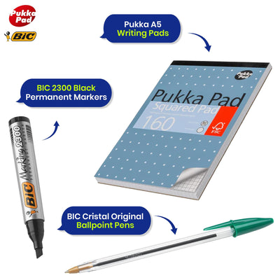 BIC Cristal Ballpoint Assorted Pens 1 pack (20+7) & Pukka Pad A5 Writing Pad 2x & BIC Markers 3x Stationery Pack