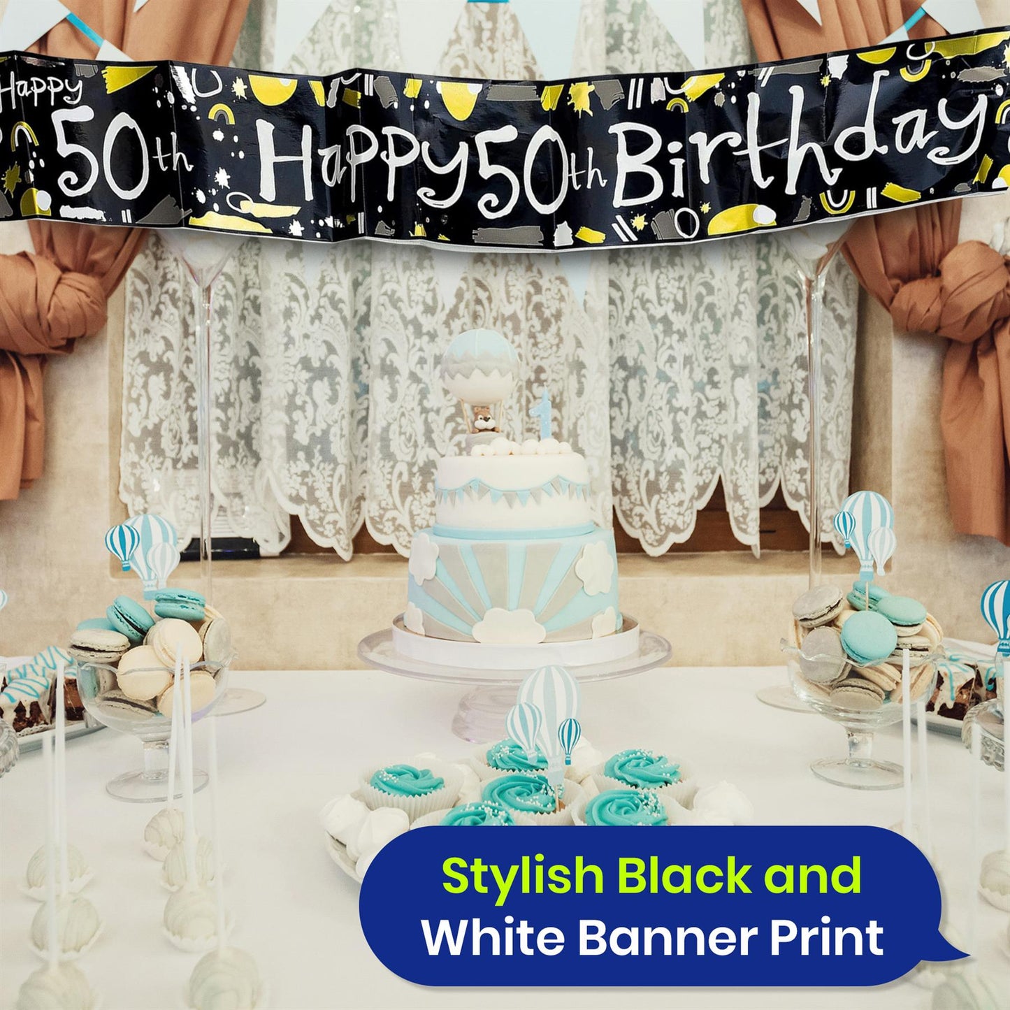 Black and Gold Balloons with 50th Birthday Banner Party Decoration Set 12 Inch