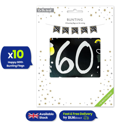 Happy 60th Birthday Black and White Bunting 4M Party Banner with 10 Flags Durable
