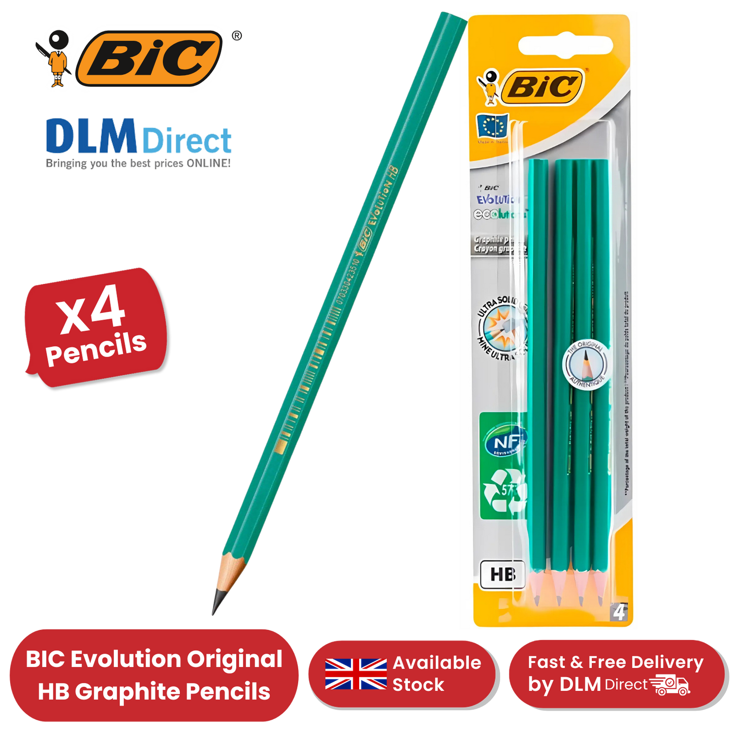 BIC Evolution Original HB Graphite Pencils - 4 Count (Pack of 1) - Pack of 1 to 5