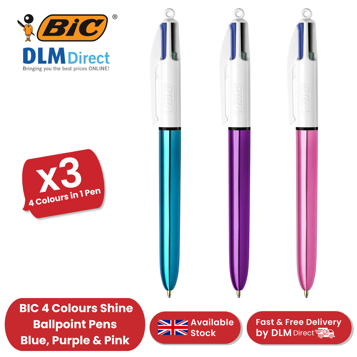 Bic 4 Colour Pack of 3 - 1 Shine Blue + 1 Shine Purple + 1 Shine Pink