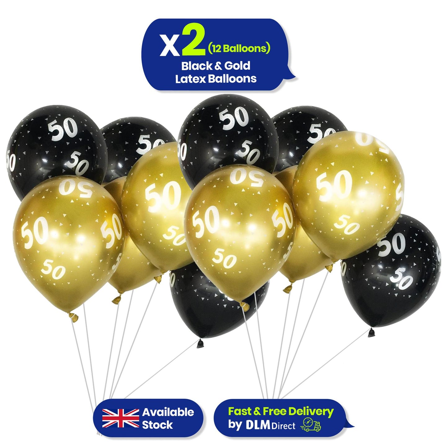 Age 50 Black and Gold Latex Balloons Milestone Birthday, 12 Inch Pack of 6