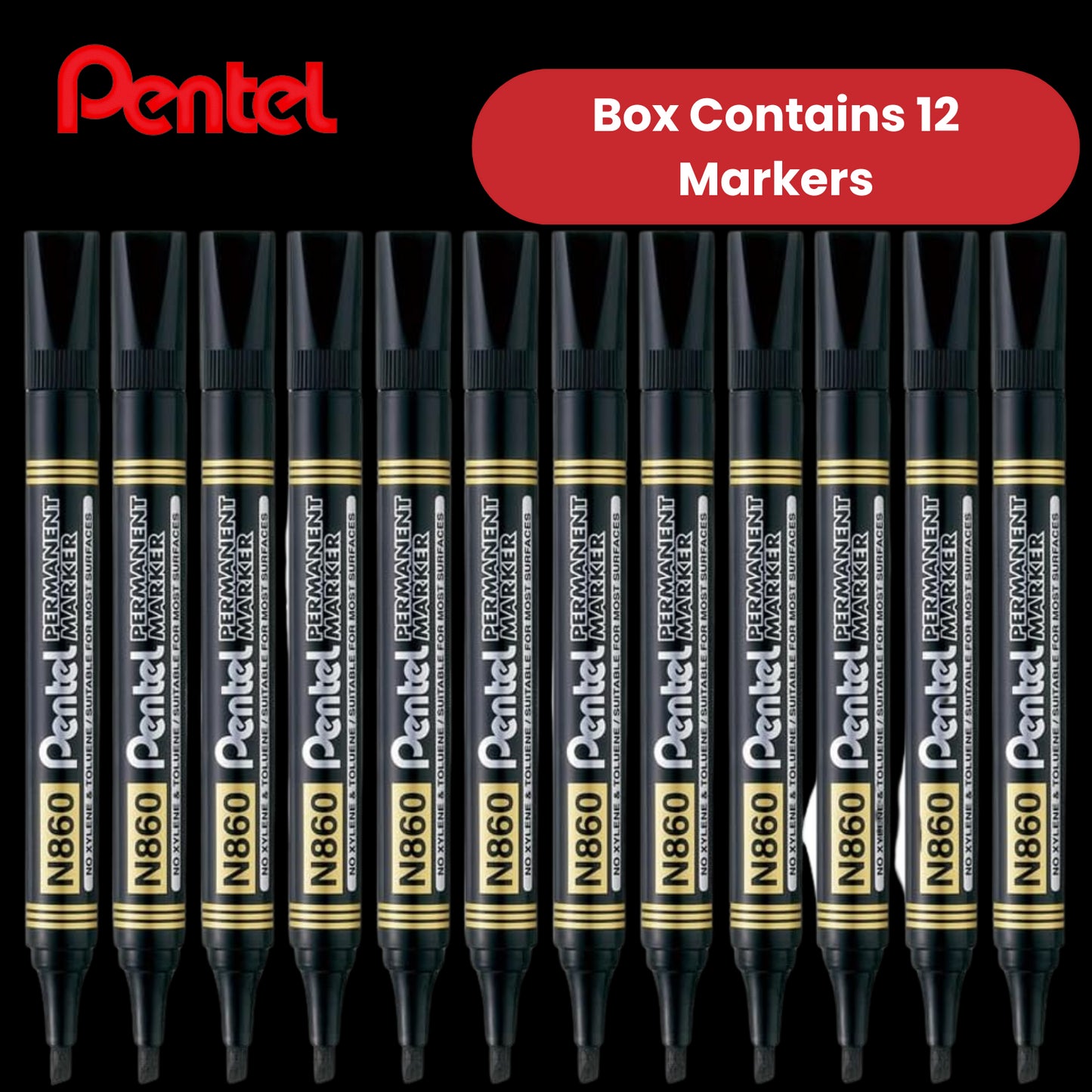 Pentel N860 PERMANENT CHISEL MARKER BLACK - Pack of 12