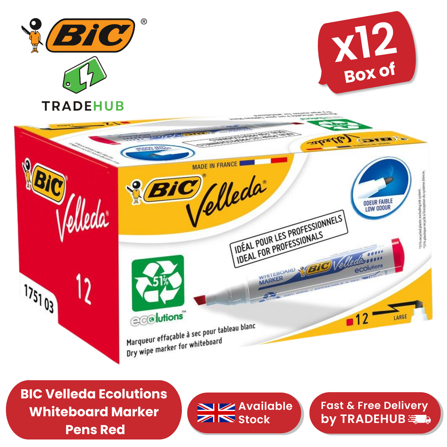 BIC Velleda 1751 ECOlutions Whiteboard Markers Red - Box of 12 - 1 to 5 Packs