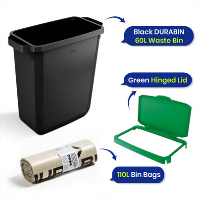 DURABIN 60L Black Bin Set and Green Hinged Lid with 25x 110L Bin Bags