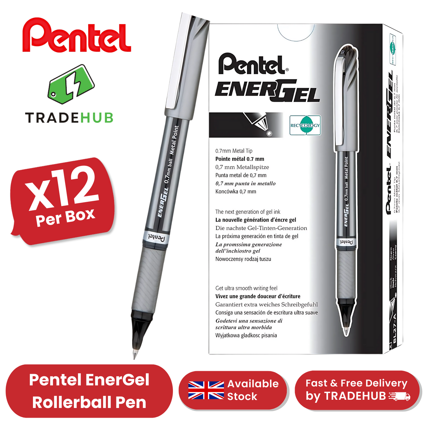 PENTEL ENERGEL METAL TIP ROLLERBALL BLK - Pack of 12 - 1 to 5 Packs