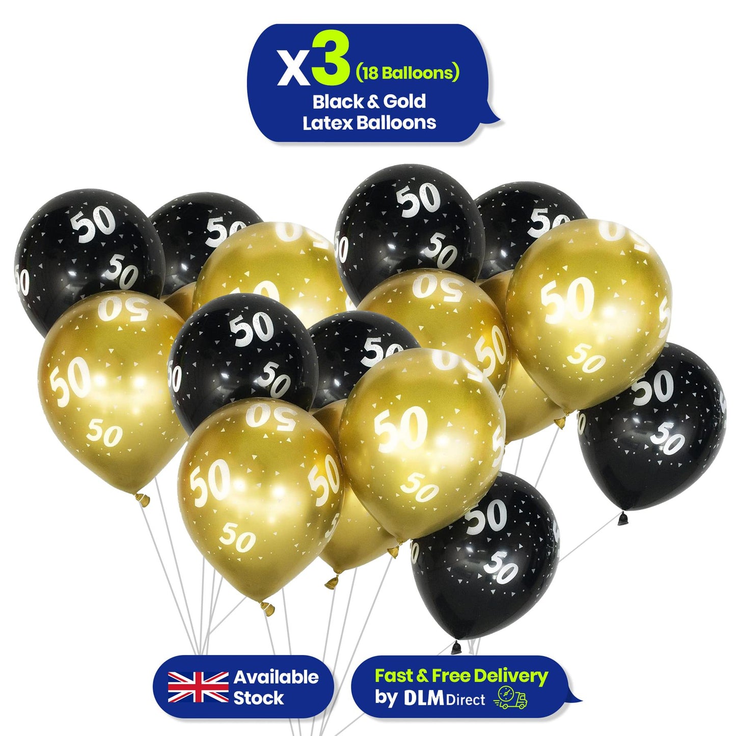 Age 50 Black and Gold Latex Balloons Milestone Birthday, 12 Inch Pack of 6