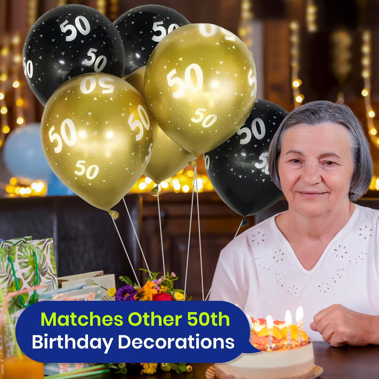 Age 50 Black and Gold 12-inch Latex Balloons - 6 pack