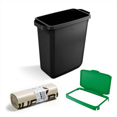 DURABIN 60L Black Bin Set and Green Hinged Lid with 25x 110L Bin Bags