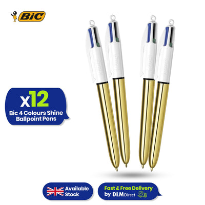 BIC 4 Colours Shine Ballpoint Pens Set of 12 Refillable Biros Gold Metal Barrel for Office and School