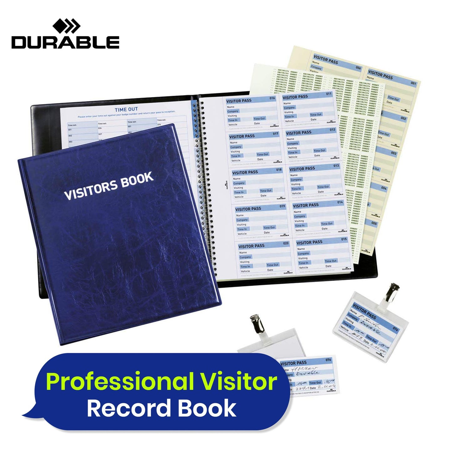 Durable A4 Visitor Sign In Book with 100 Badge Inserts GDPR Guest Log for Office Events Weddings & Meetings 90 x 60 mm