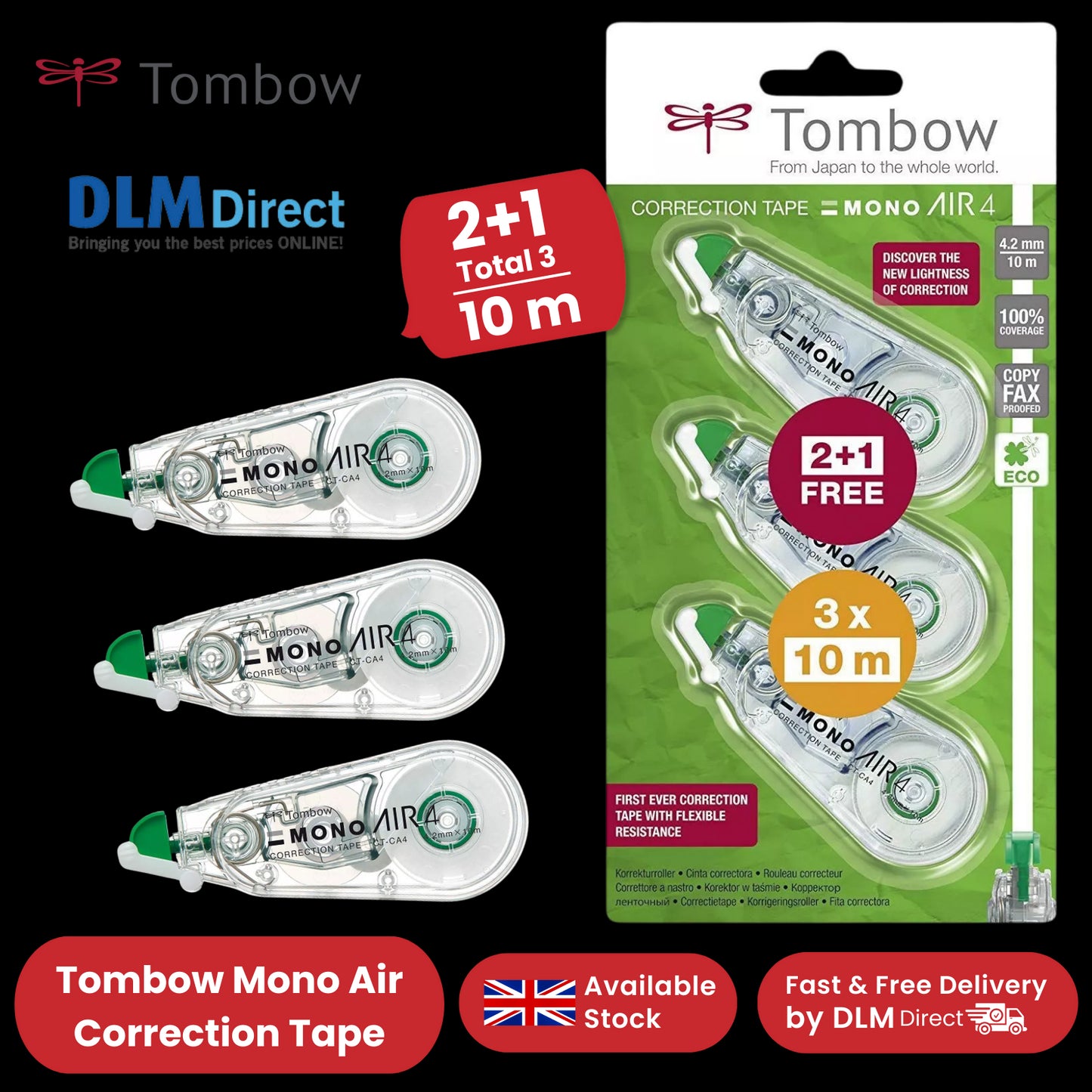 Tombow Mono Air Correction Tape 4.mm x 10m Pack of 3