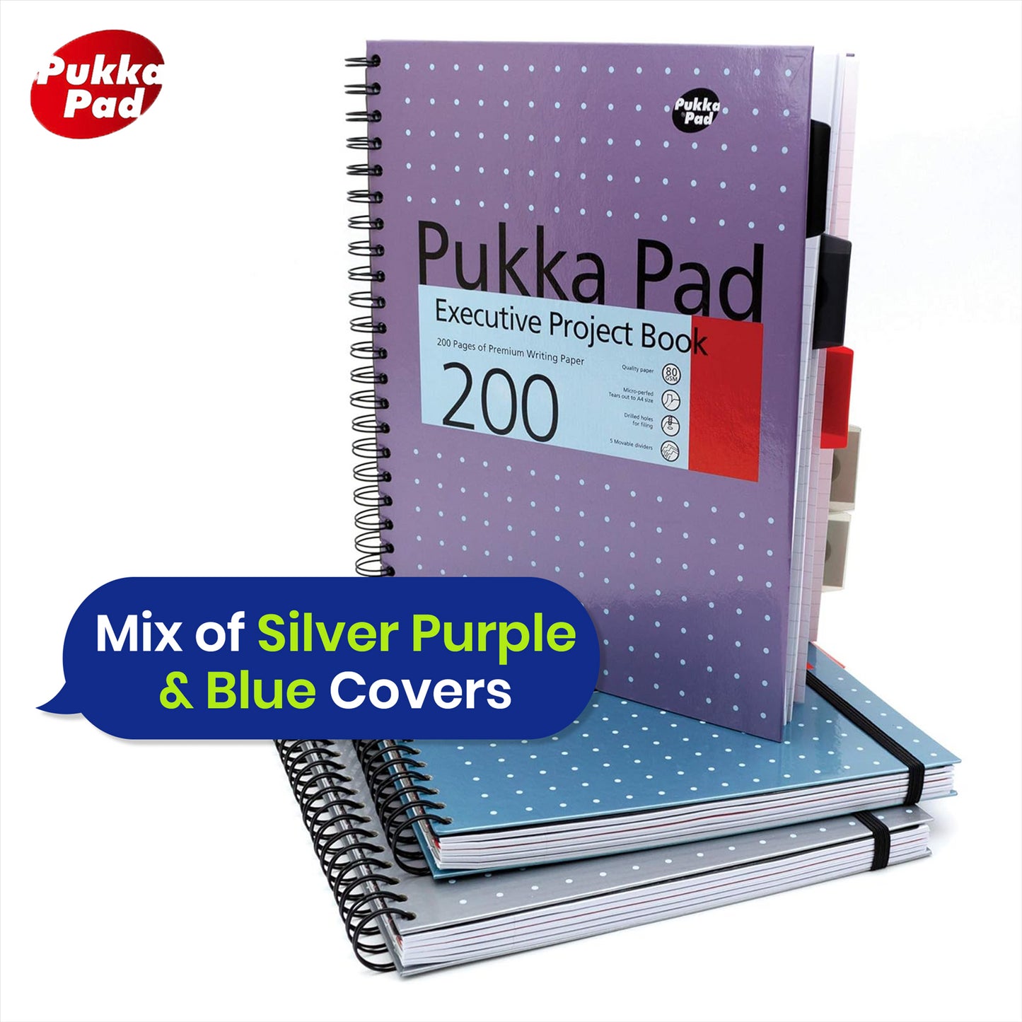 Pukka Pad Project Book Metallic Journal Notebook with Dividers & Pockets Writing Notepad for School Office Home (Pack of 3)