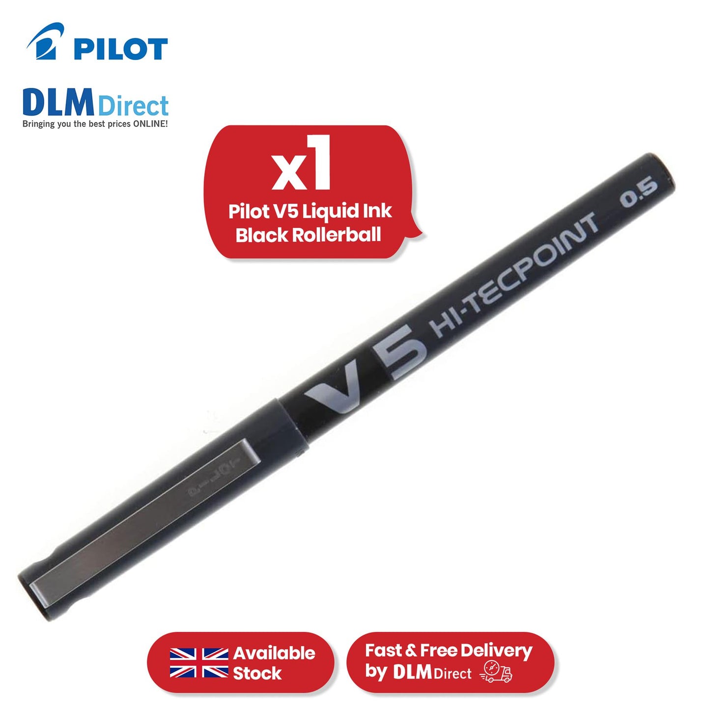 Pilot V5 Rollerball Pen - Black 0.5mm Fine Tip Rollerball Pen, Liquid Biros for Notes