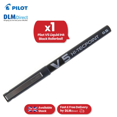 Pilot V5 Rollerball Pen - Black 0.5mm Fine Tip Rollerball Pen, Liquid Biros for Notes
