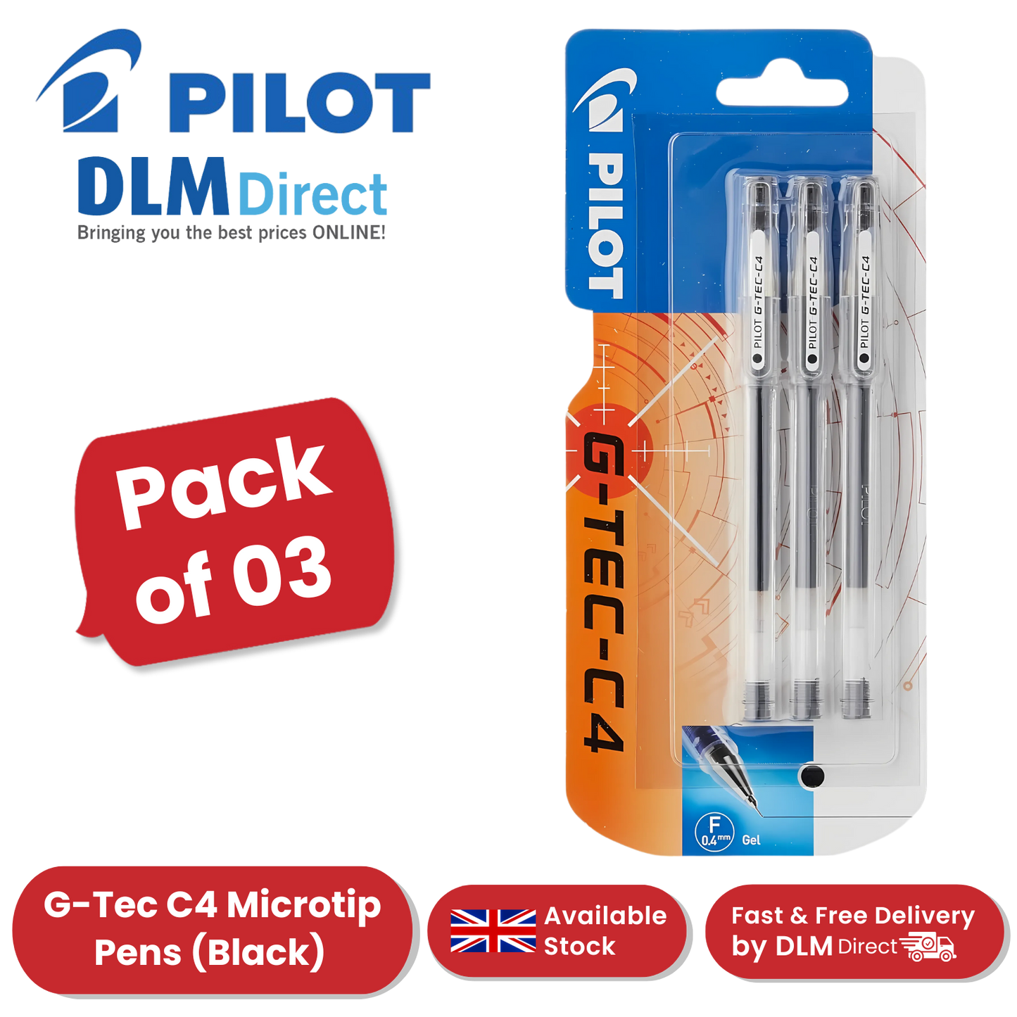 Pilot G - Tec C4 Gel Microtip Rollerball Pen, 0.4 mm Tip Black - Pack of 3