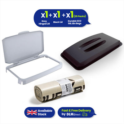 DURABIN 60L Bin Lid Grey Hinged & Black Lids & 25x Recycled 110L Liners