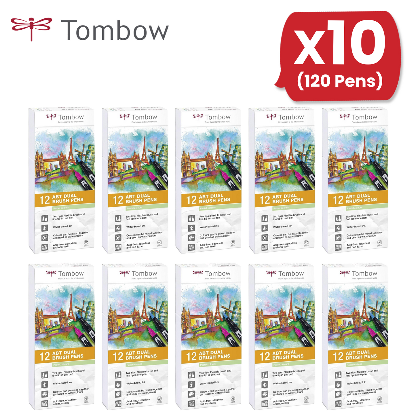 Tombow ABT Dual Brush Pens Pastel Colors Water-Based, Blendable - Pack of 12