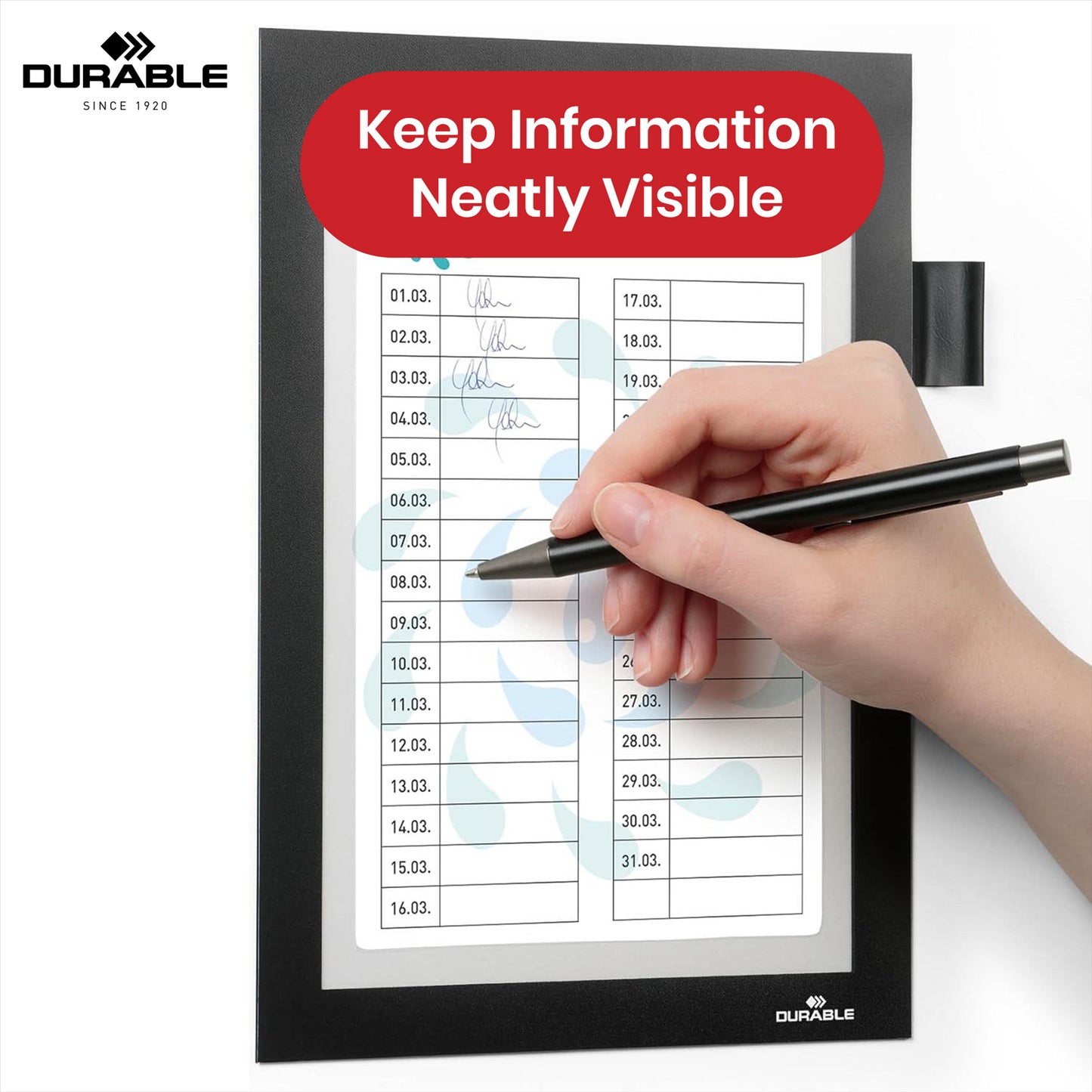 Durable DURAFRAME Magnetic Frame, Black A5 Wall Mount Magnetic Display with Pen Holder for Work