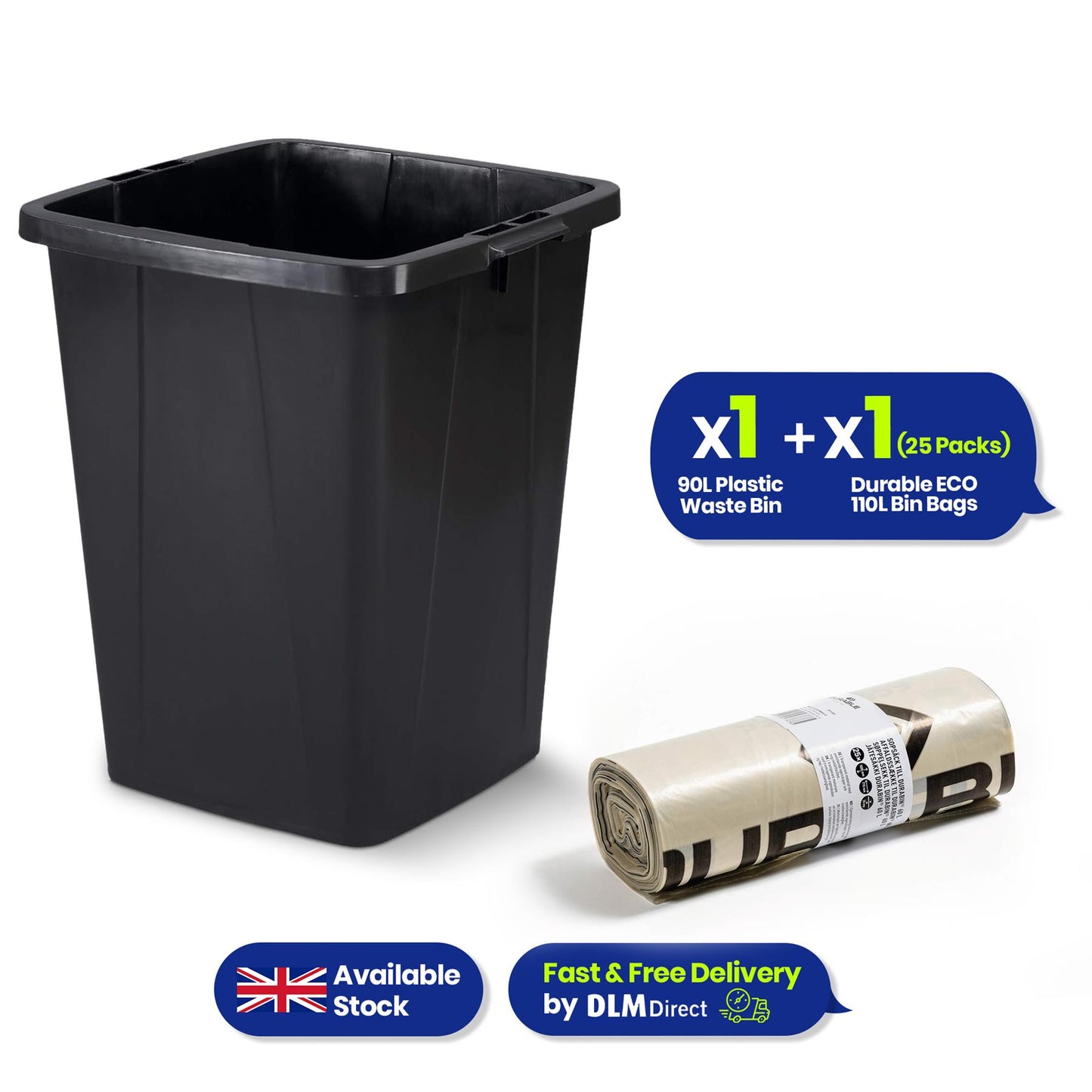 110L Bin Bags 25 Pack and 90L DURABIN Waste Bin Bundle Strong Recycled Plastic Set