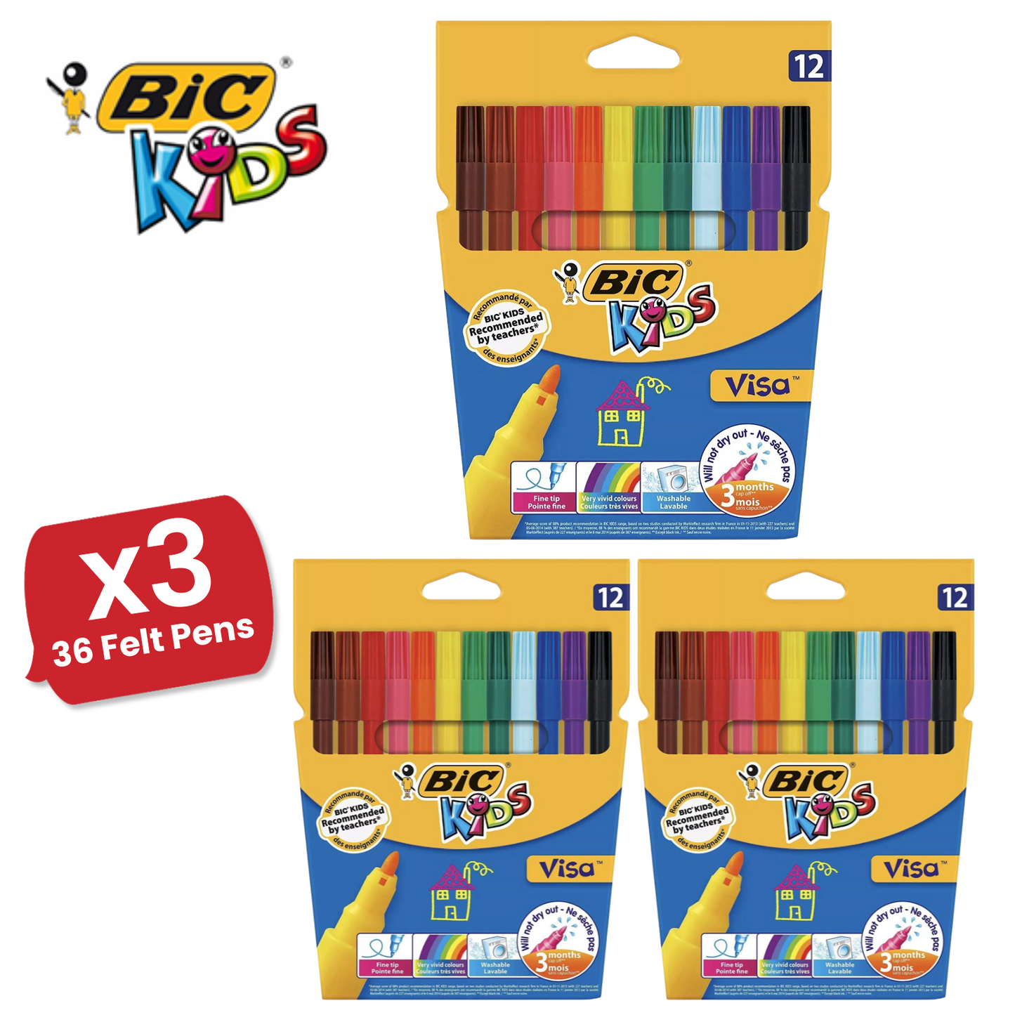 BIC Kids Visa Felt Pens Assorted Colours - Wallet of 12 - 1 to 5 Packs