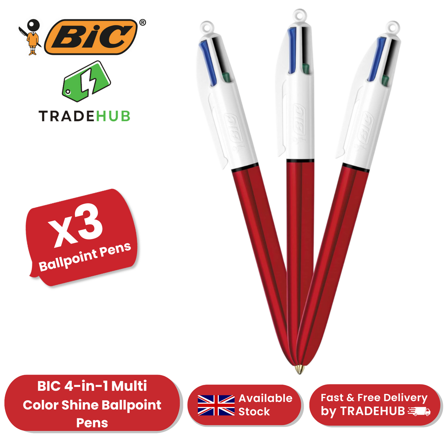Bic 4 Colour Shine - Red - Pack of 3