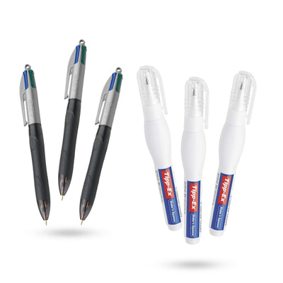 3x BIC 4 Colours Grip Pens Pro & Tipp-Ex Fluid Correction Pens 3-Pack for Office Use