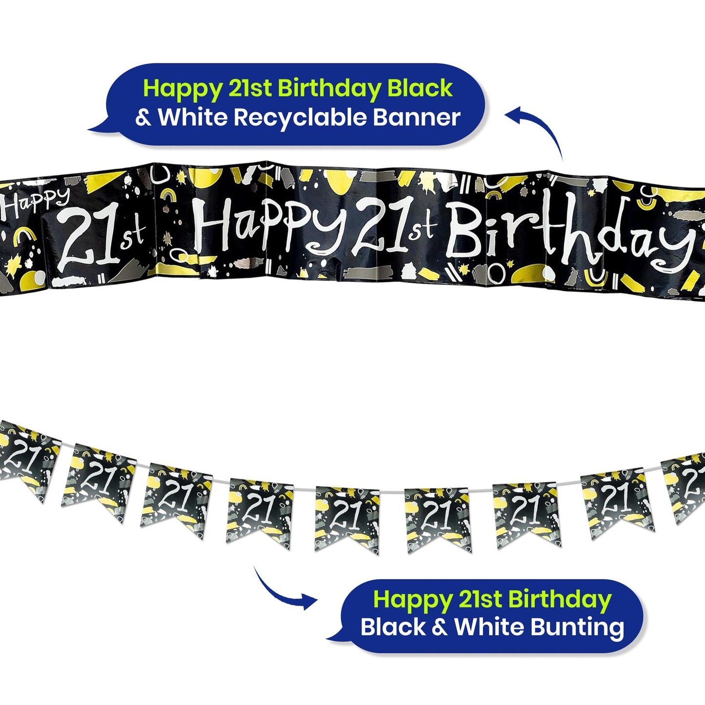 Black and White 21st Birthday Banner and Bunting Decor Set for Party Spaces