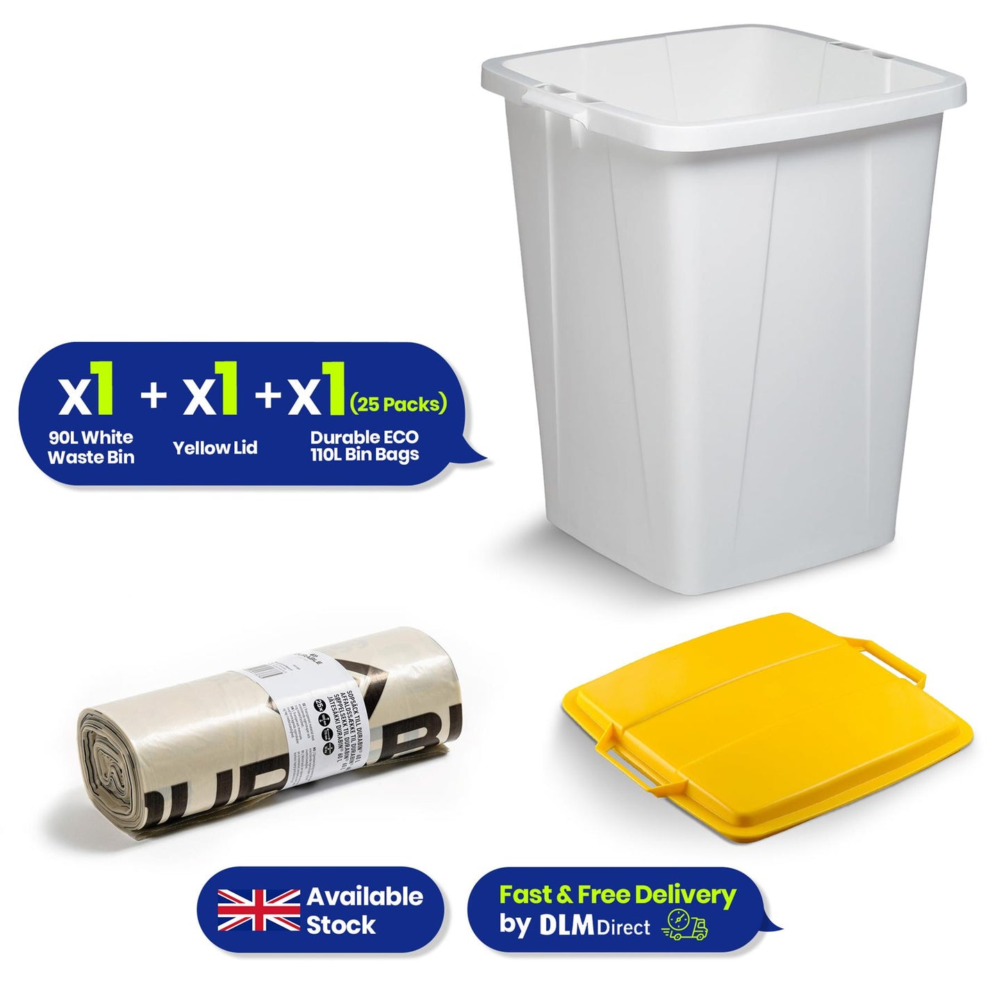 DURABIN 90L White Bin with Yellow Lid and 25x 110L Recycled Bin Bags for Everyday Use