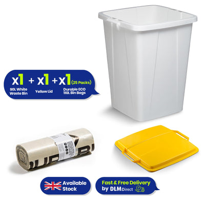 DURABIN 90L White Bin with Yellow Lid and 25x 110L Recycled Bin Bags for Everyday Use