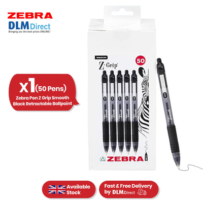 Zebra Smooth  Ballpoint Pen Black Z Grip Retractable Pen 1.0mm Medium Point Biro for School Office (Pack of 50)