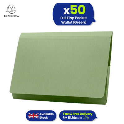 Exacompta Guildhall Full Flap Pocket Wallet, Durable 315gsm Manilla Folder Foolscap, 50 Pack (Green)