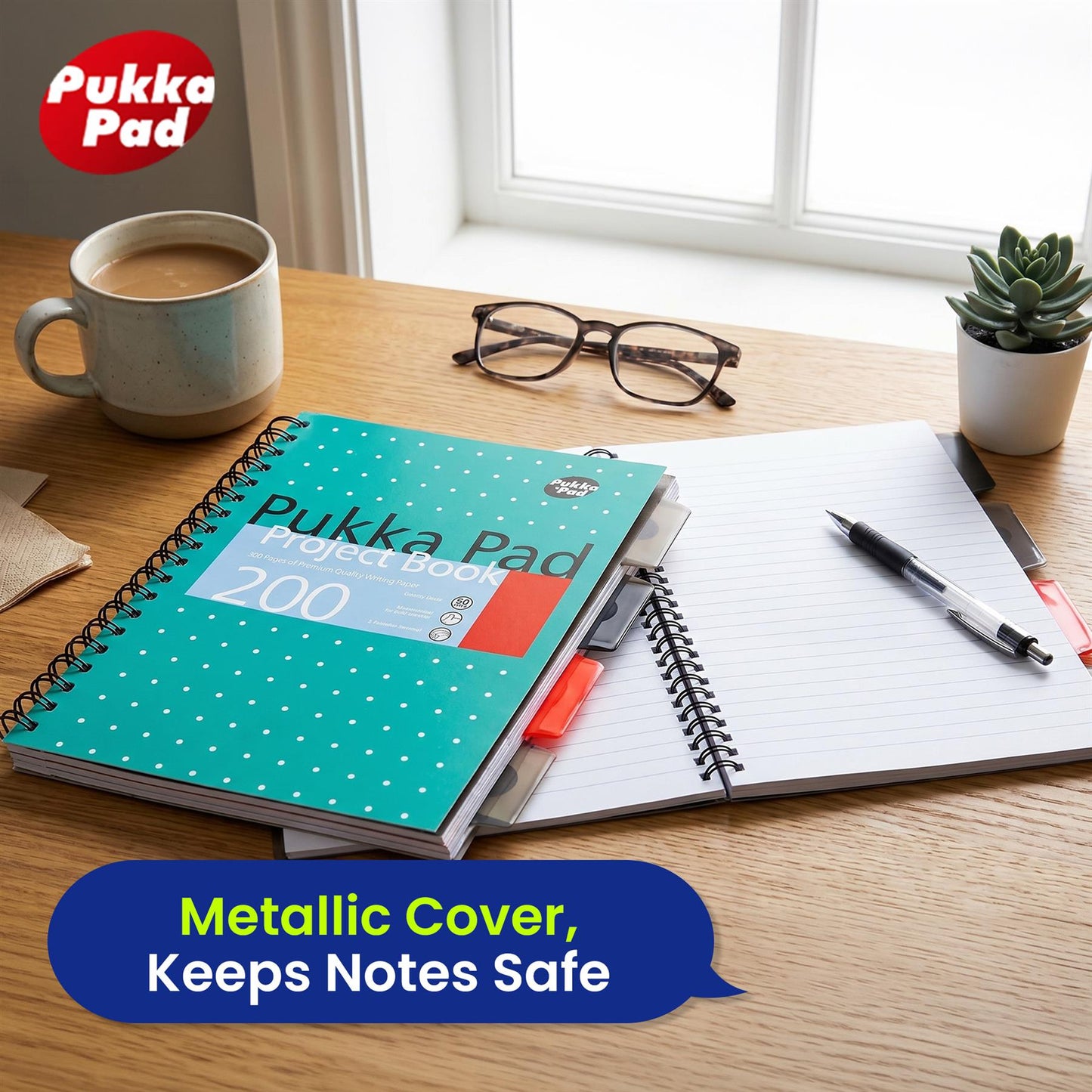 Pukka Pad B5 Project Book 200 Pages 80GSM, 4 Dividers, Metallic Green, Pack of 3