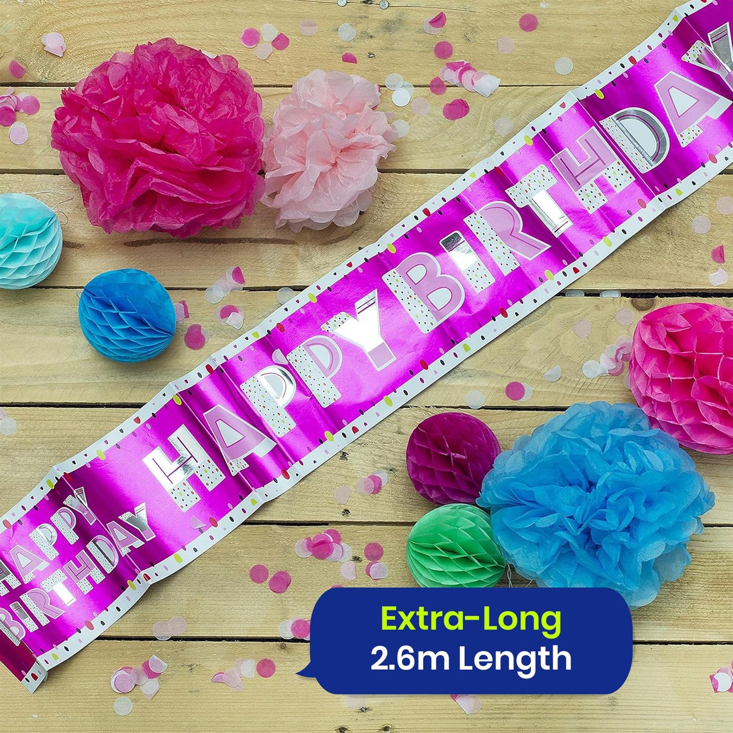 Happy Birthday Pink Recyclable Paper Banner 260cm Party Decor for Kids Adults