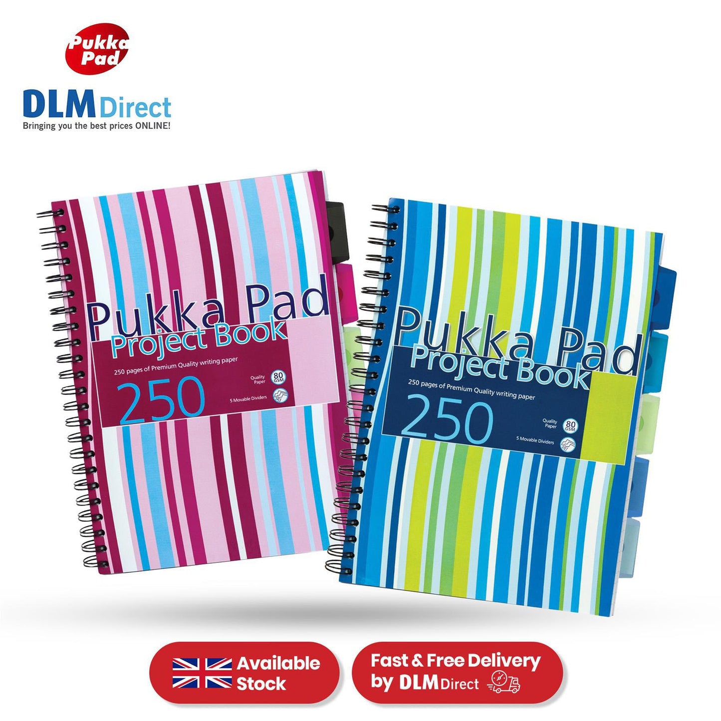Pukka Pad Project Book - 250 Pages Assorted Colours Stripes A4 Notepad for School