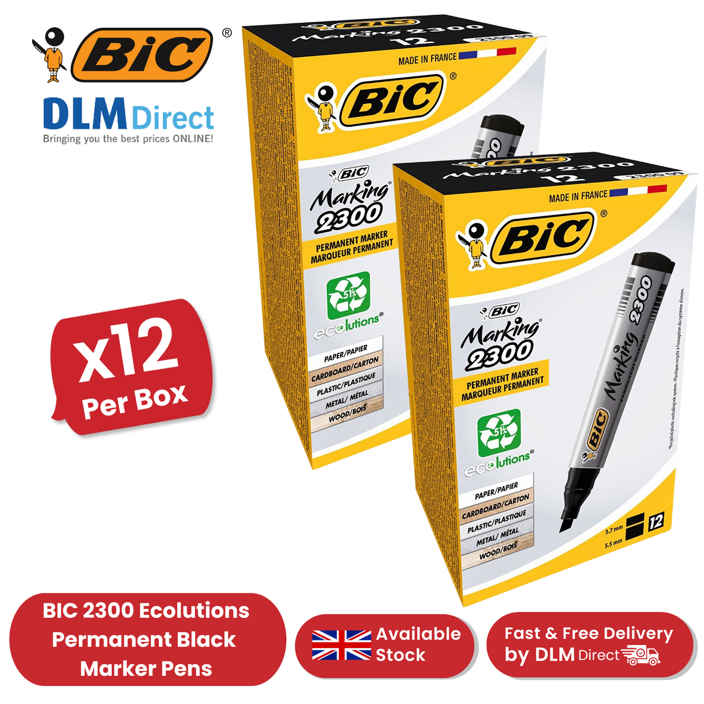 Bic 2300 Permanent Black Chisel Tip Marker (Pack of 12) X2