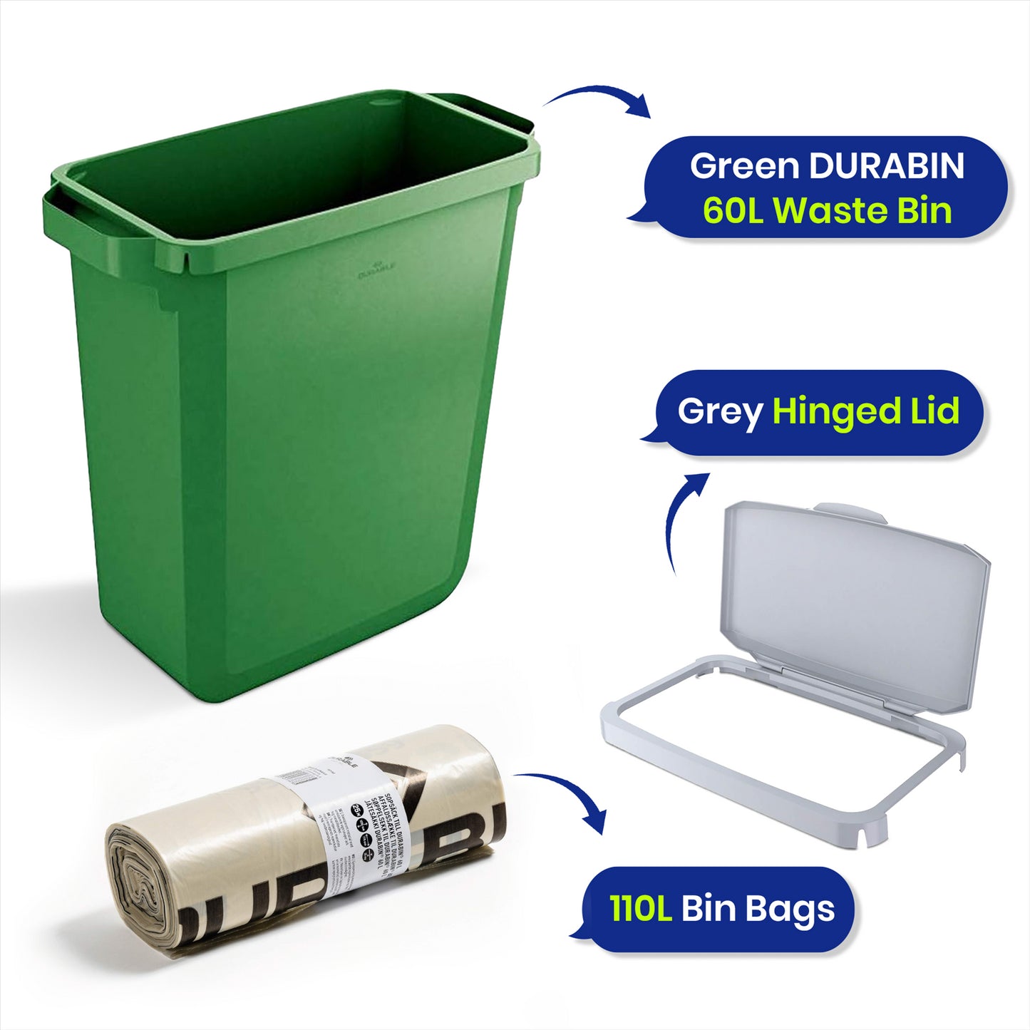 DURABIN 60L Green Bin Set & Grey Hinged Lid and 25x 110L Recycled Bin Bags