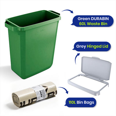 DURABIN 60L Green Bin Set & Grey Hinged Lid and 25x 110L Recycled Bin Bags