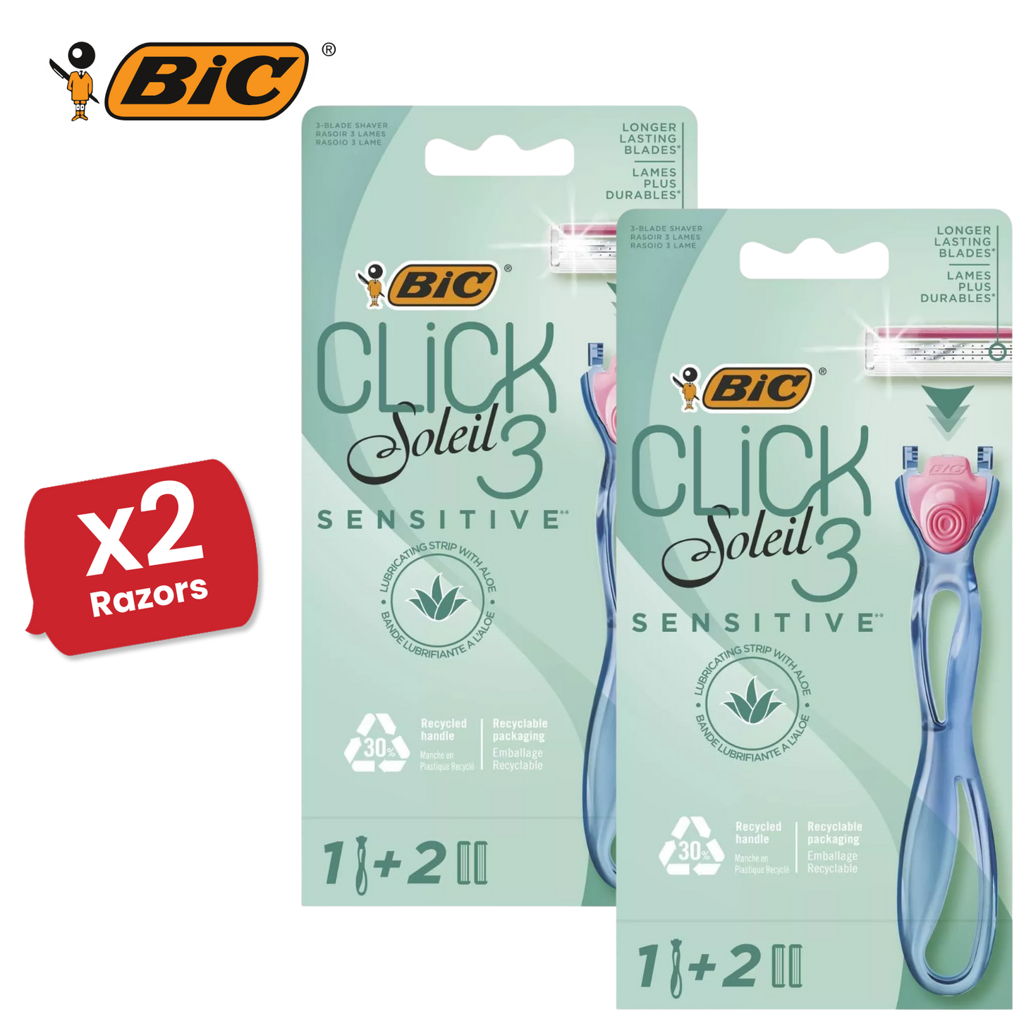BIC Click 3 Soleil Sensitive Women's Razor Refills - 1 Handle + 4 Blades -1 to 5