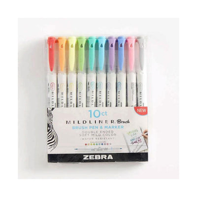 Zebra Pen MIDLINER Brush Pens 10 Pcs Dual Tip Colouring Pen, Assorted Colour Brush Marker for Work