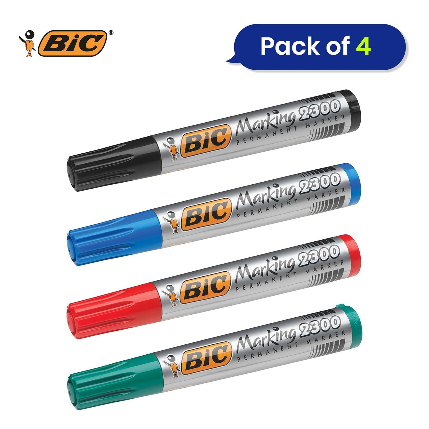 Bic 2300 Bullet Tip Permanent Marker Black, Blue, Red, Green) Pack of 4 Markers
