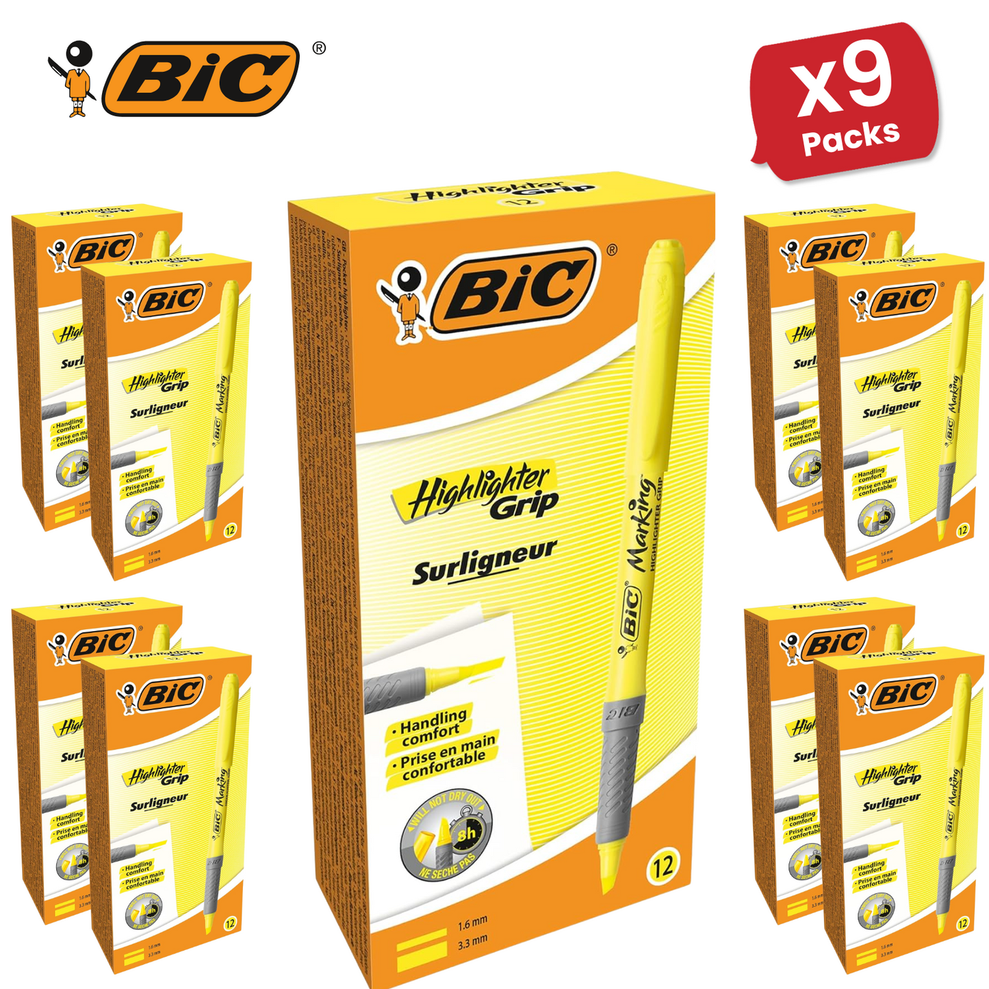 Bic Briteliner Grip Highlighter Pen Yellow - Pack of 12
