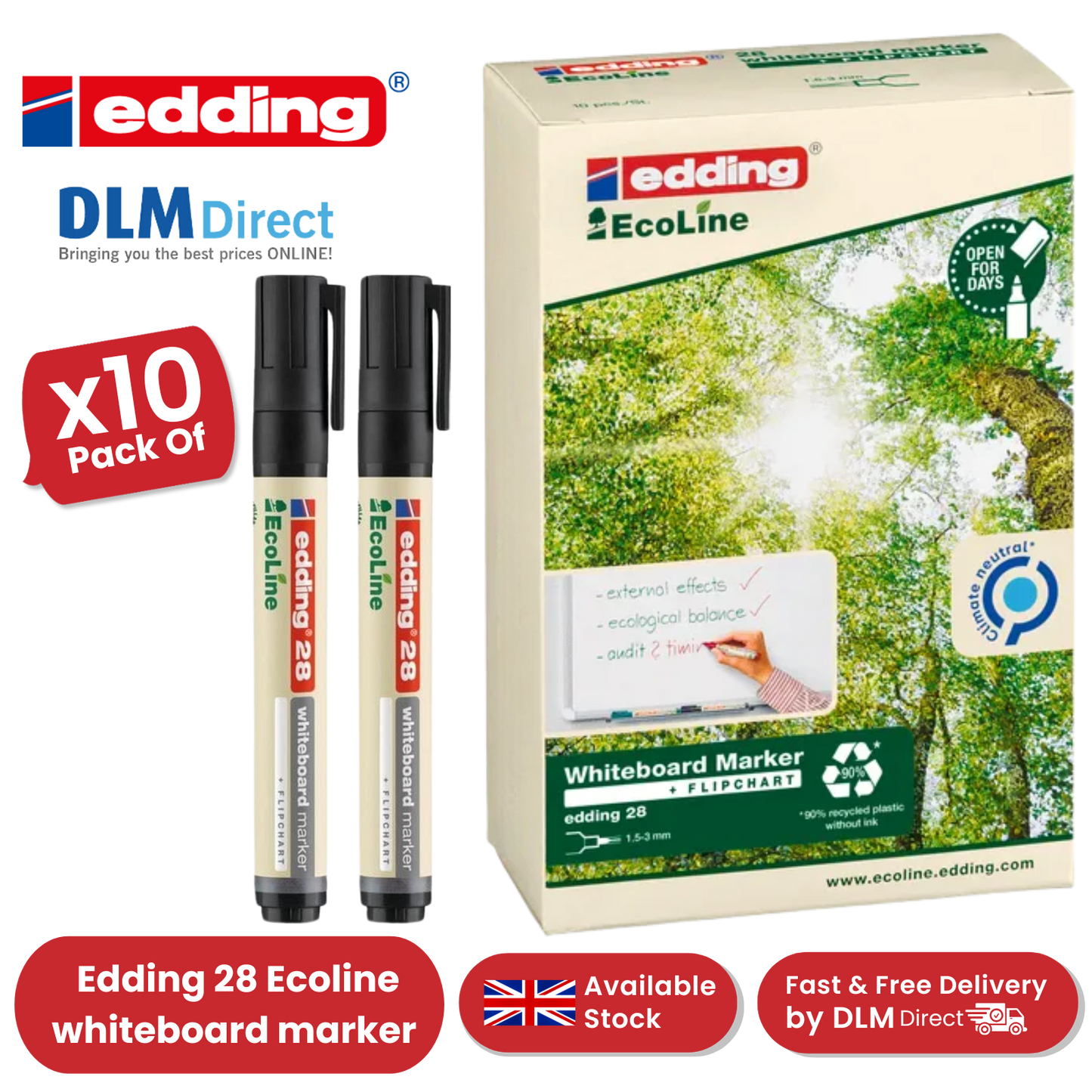 edding 28 Ecoline whiteboard marker - black - box of 10 whiteboard pens 2-36