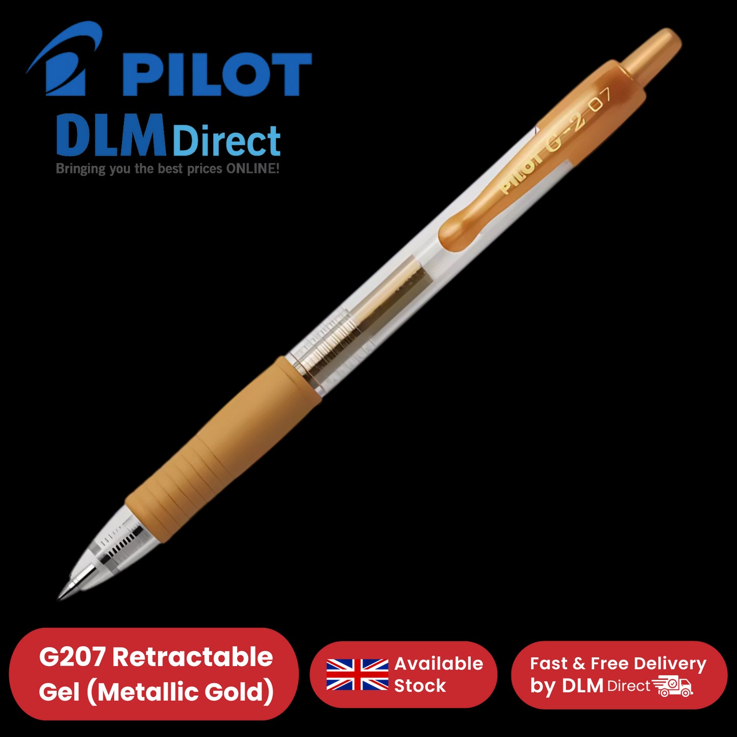 Pilot G-207 Retractable Gel Rollerball Pens Medium Point 0.7mm Tip Metallic Gold
